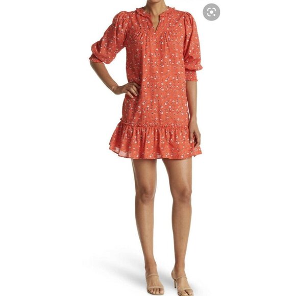 Collective Concepts Puff Sleeve Floral Print Dress In Red Ditsy Small - Picture 1 of 12